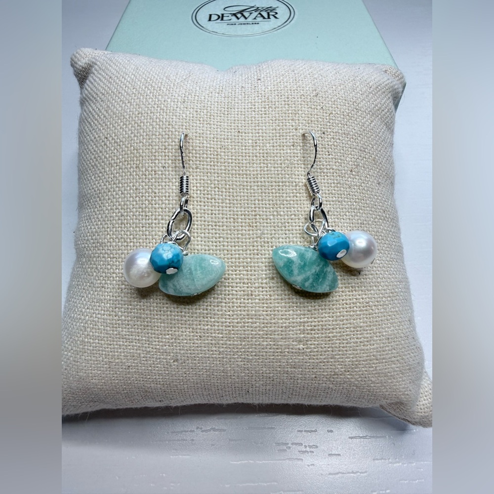 Amazonite Turquoise & Pearl Cluster Drop Earrings in Aqua-Blue